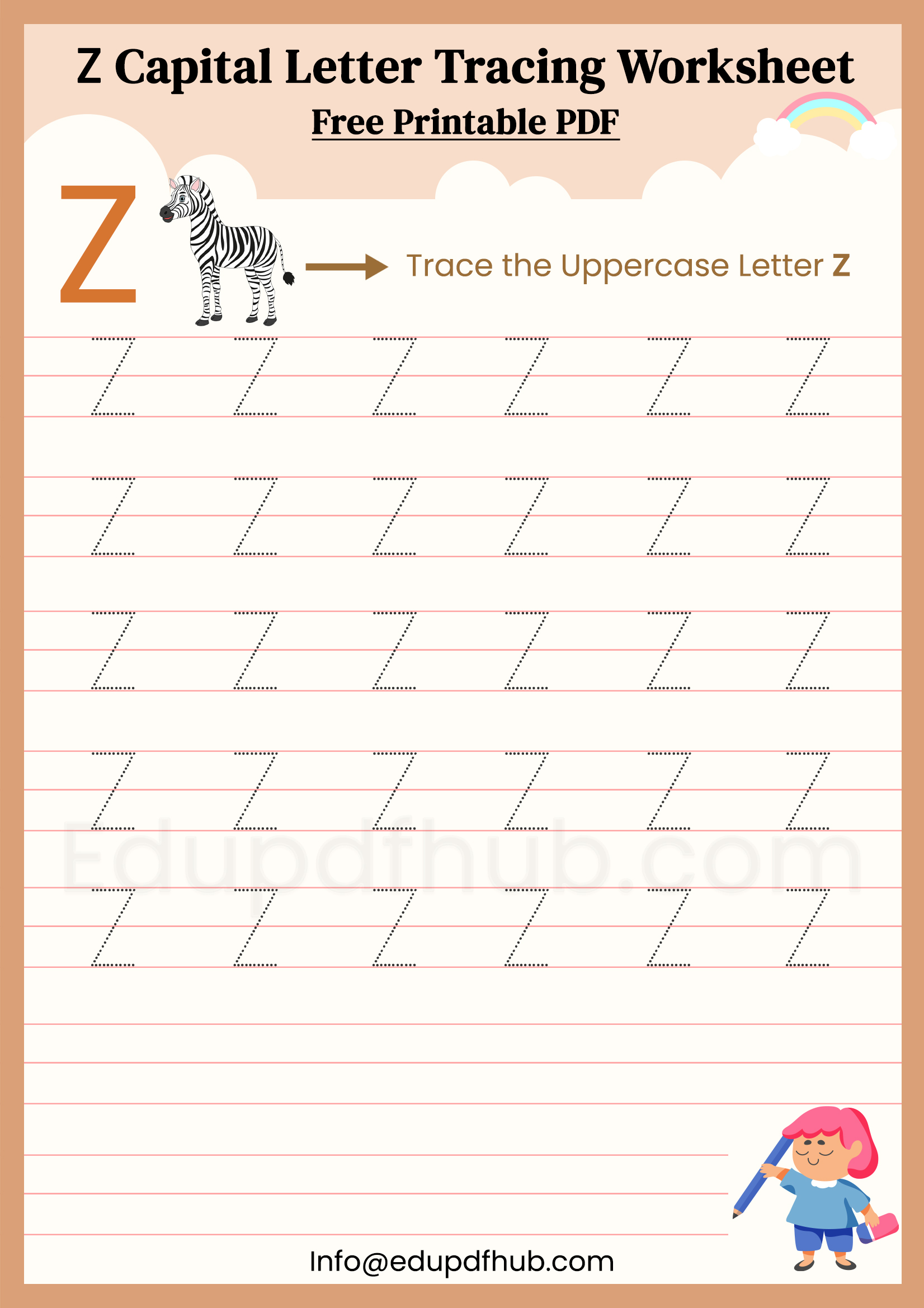 Z Capital Letter Tracing Worksheet Printable PDF for Kids